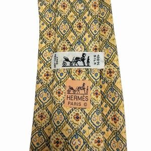 Hermes Mens Tie Floral Flowers & Ropes Yellow/Blue Silk 7583 SA 3.5" (W) 59" (L)